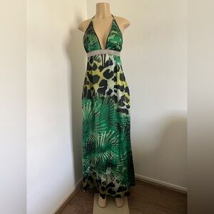 Green Tropical Print Maxi Dress